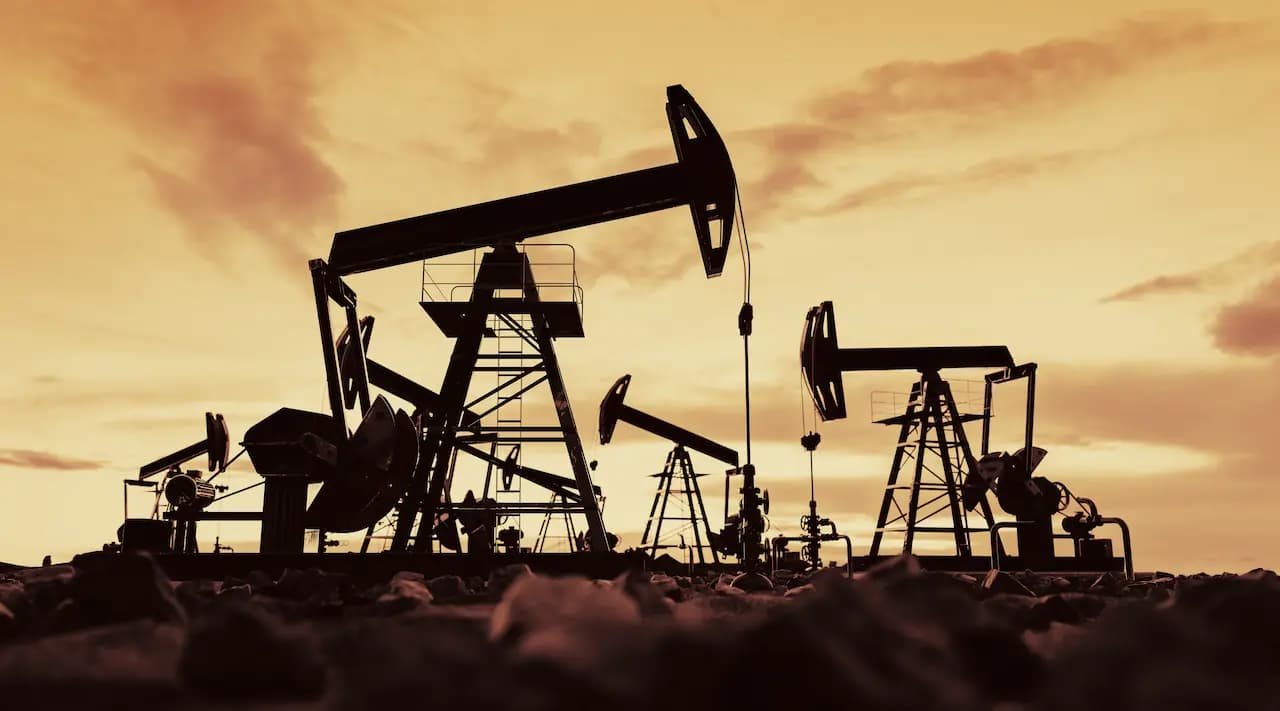 Row of oil pump jacks working in an oil field at dusk